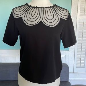 Unique ASOS Black Raw Edge Mesh Swirl Short Sleeve Top SZ 4
